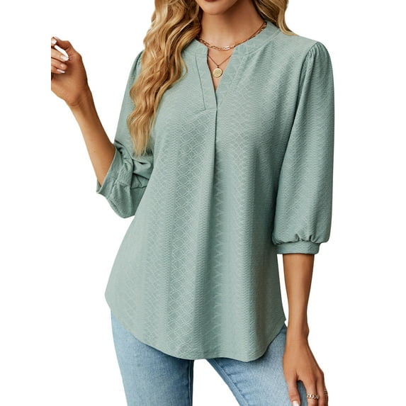 NFTOEIULA Women V Neck Jacquard Lantern Sleeve Blouse