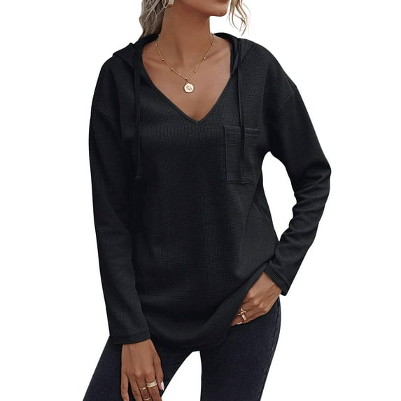 NFTOEIULA Women V Neck Long Sleeve Chest Pocket Curved Hem Waffle Drawstring Hoodie