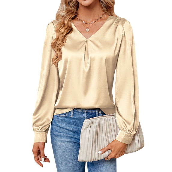 NFTOEIULA Women V Neck Pleated Long Sleeve Silk Satin Blouse