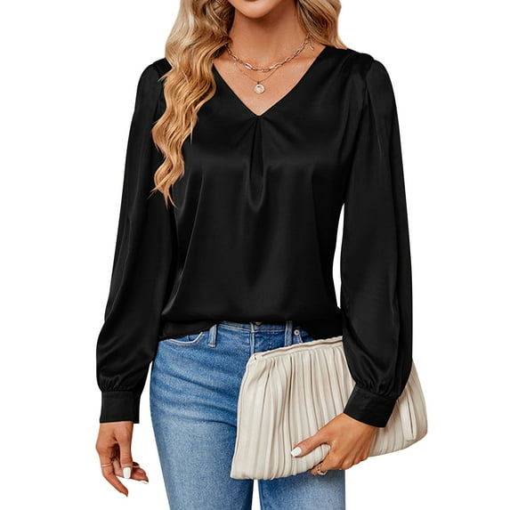 NFTOEIULA Women V Neck Pleated Long Sleeve Silk Satin Blouse