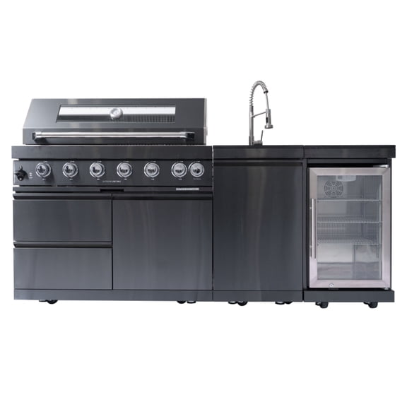 NG 43-Inch 6-Burner 85000 BTU Deluxe Stainless Steel Gas Outdoor Kitchen Bar Barbecue Island Grill Wine Cooler Compact Refrigerator Rotisserie kit Granite Countertops Stainless steel Sink