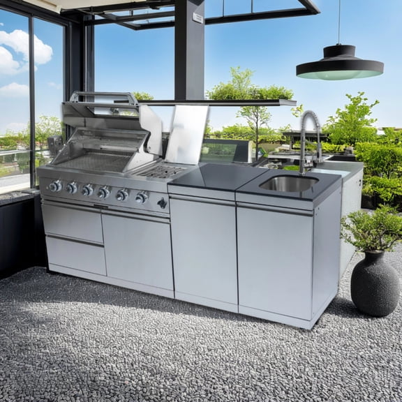 NG 46-Inch 4-Burner 72000 BTU Deluxe Stainless Steel Gas Outdoor Kitchen Bar Barbecue Island Grill Side B Rotisserie Granite Countertops Storage Cabinets & Drawers Stainless Steel Sink/Faucet