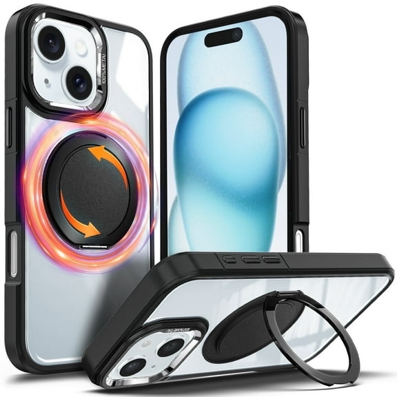 NGB SUPREMACY For iPhone 15 Phone Case Built-In Kickstand Ring Holder Magnetic Car Mount Military-Grade Shockproof Protective Clear iPhone 15 Case Cover