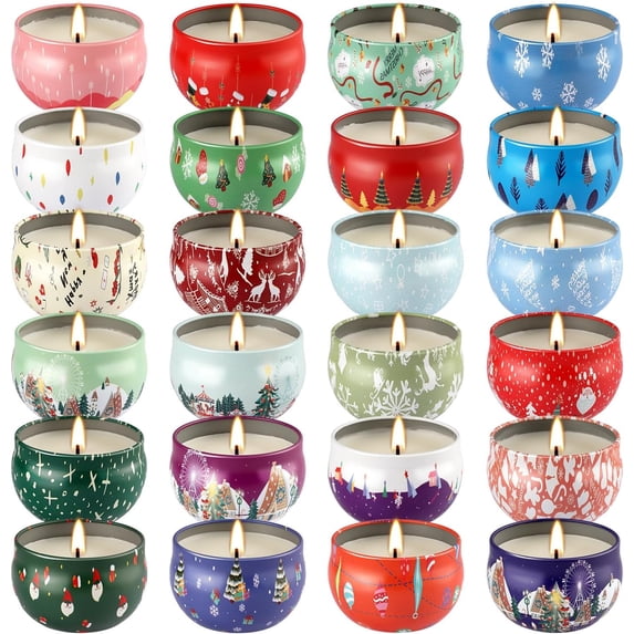 NGD 24Pack Christmas Scented Candle Tins Gift Set - Soy Wax Festive Candles 2.5oz- Long Lasting Burn time for Christmas Thanksgiving Gifts Holiday Decor & Gifting.