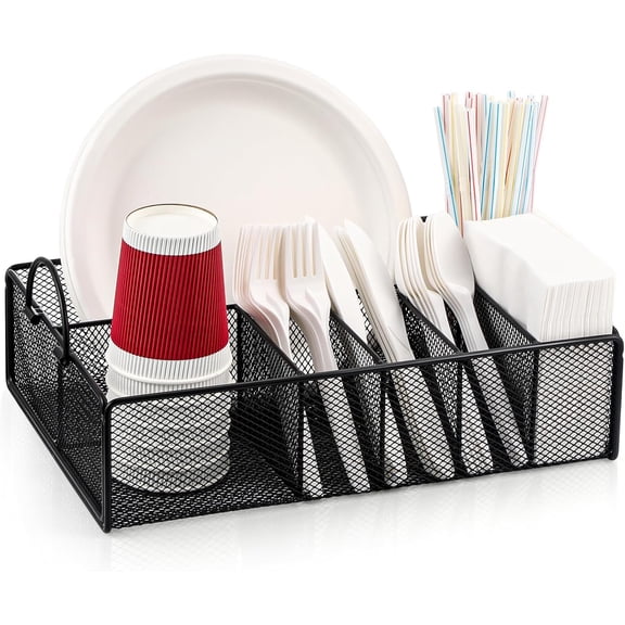 NGD Utensil Caddy with Handle, Metal Paper Plate Holder for Kitchen Counter,Silverware Cutlery Caddy Organizer Flatware Storage for Plastic Spoon Fork Plates Napkins Cup Party Camping Black