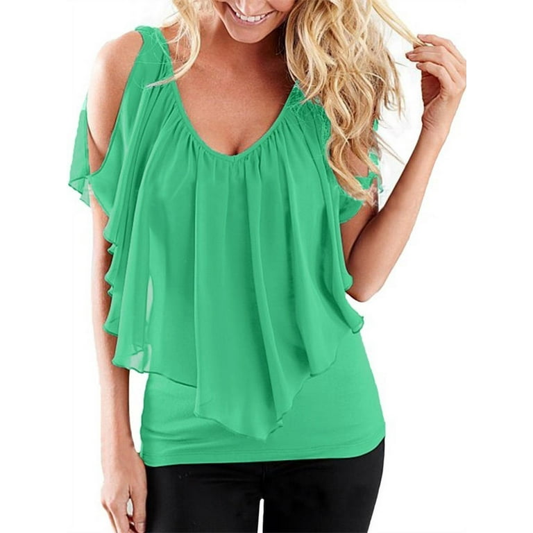 NGMQ Double Layer Women Casual Cold Shoulder Chiffon Blouse Tops