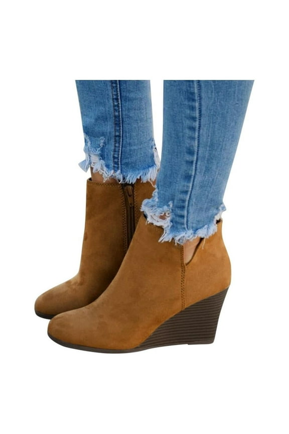 Fashion Women Suede Wedges Zipper Short Booties Round Toe Shoes