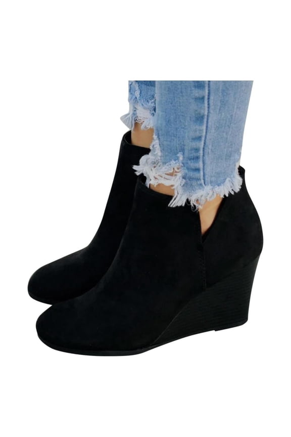 Fashion Women Suede Wedges Zipper Short Booties Round Toe Shoes
