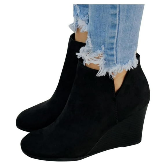 NGTEVOOS Fashion Women Suede Wedges Zipper Short Booties Round Toe Shoes