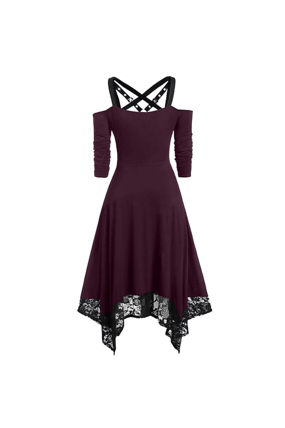 NGTEVOOS Women Punk Plus Size Open Shoulder Lace Spaghetti Strap Long Sleeve Gothic Dress