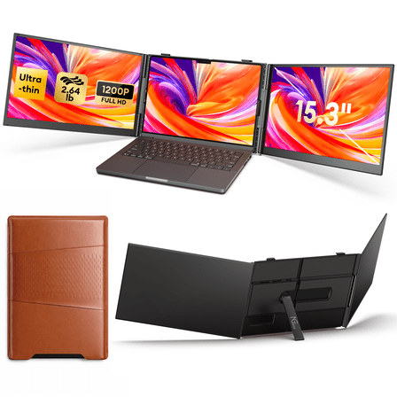 NGTeco 15.3 Laptop Triple Screen Extender, 1200P Portable Monitor Extended Plug-and-Play, 4.6MM Ultra-Thin 2.64LB, Compatible with 14-17.3 Mac/Windows Laptops