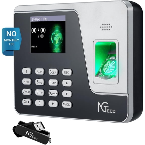 NGTeco Fingerprint Time Clock for Small Businesses, Supports Shift Schedules, Standalone Time Card Machine with No Monthly Fees, No WiFi Required