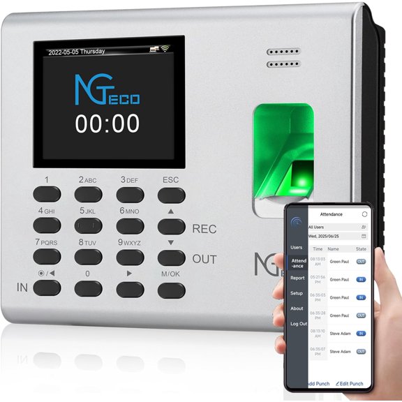 NGTeco Time Clock for Small Businesses, 2.4GHz WiFi Fingerprint Time Clocks with Battery Backup, Automatic Punch in/Out, No Monthly Fees, Compatible with iOS/Android App