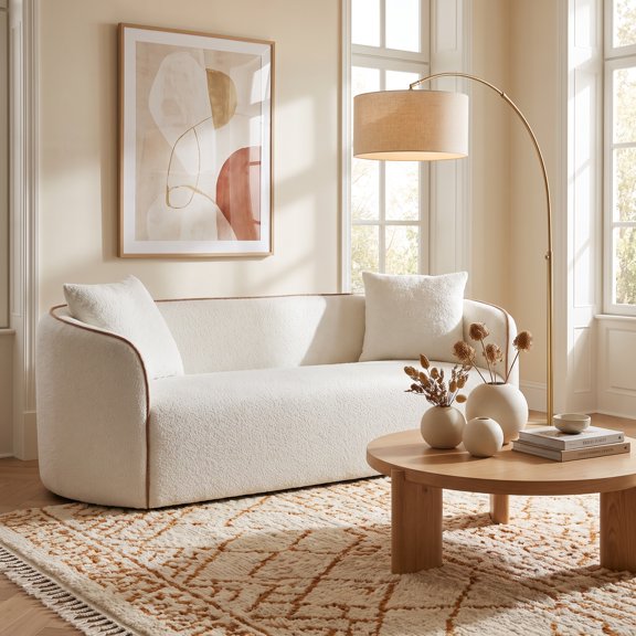 NH-Gardenpara Boucle Curved Sofa - 3-Seater Living Room Sofa, White Wood Frame, Plush Cushions, 82 Inch, Includes 2 Pillows