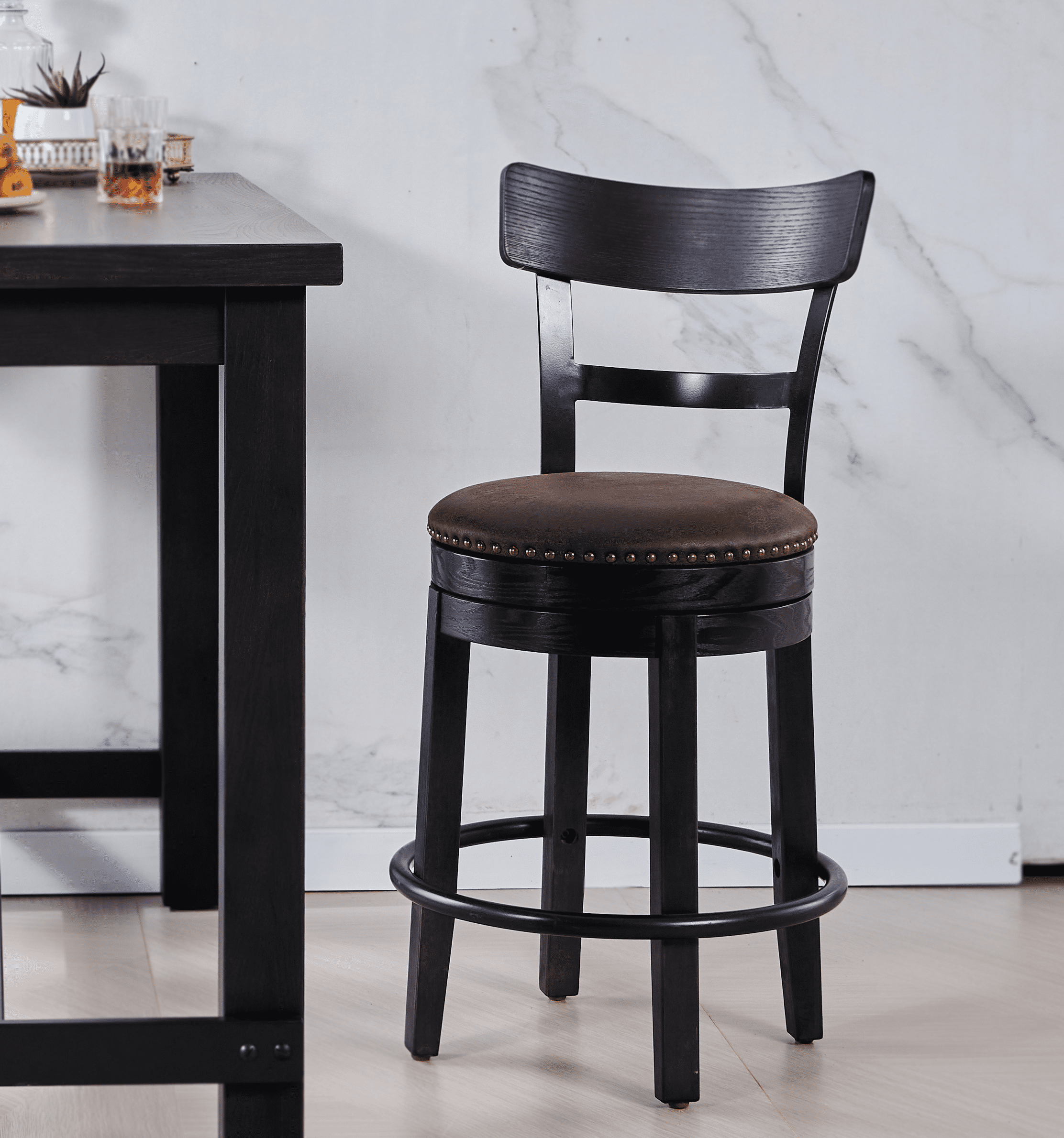 NHI Express 24" Seat Height Bar Stools Set of 2, 360 Degree Swivel Seat Counter Height Bar Stool with Iron Footrest, Dining Chairs with PU Leather Upholstered Seat for Dining Room, Brown