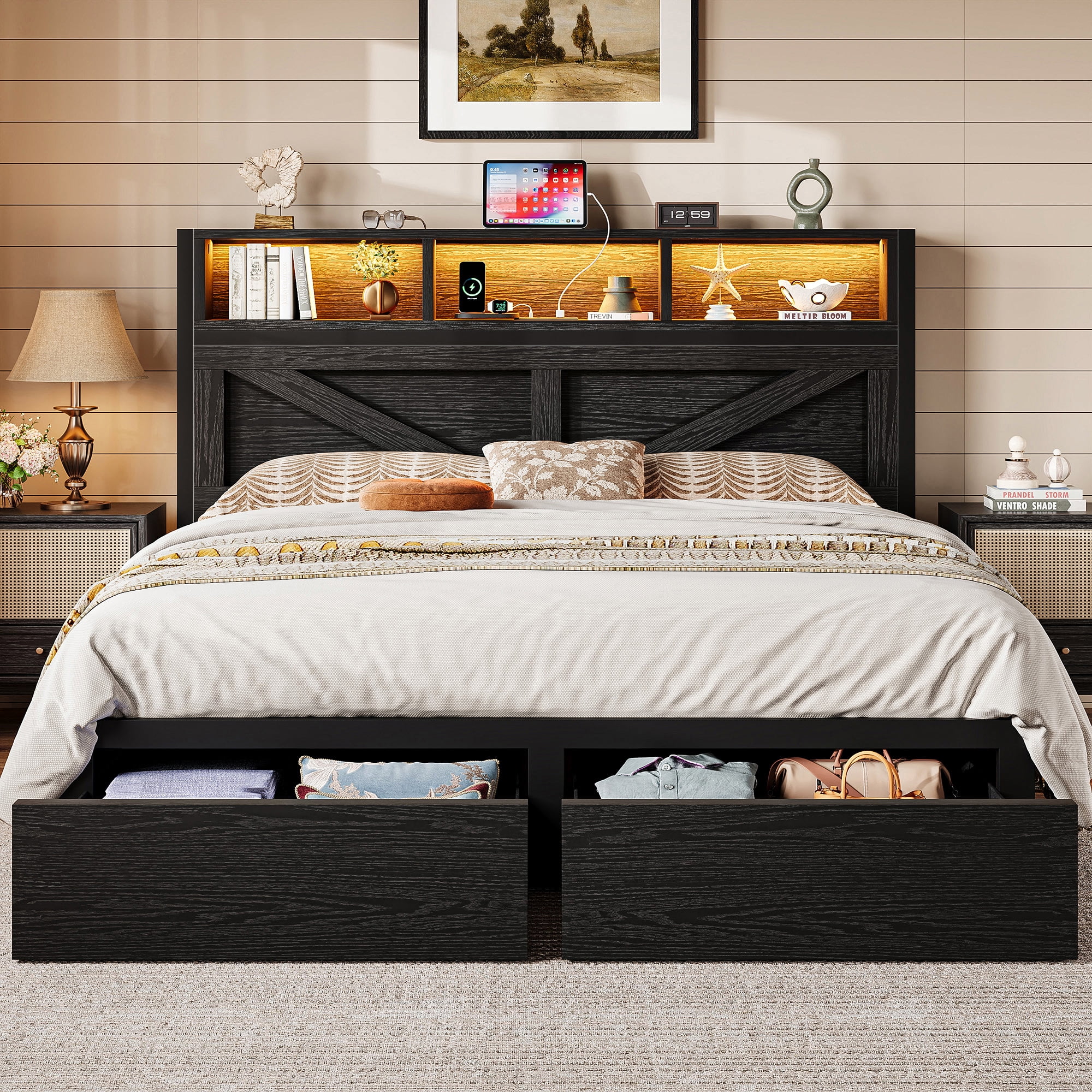 NHIXSOM Farmhouse Full Bed Frame with LED Headboard, Charging Station ...