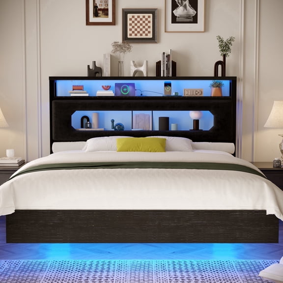 NHIXSOM Full Floating Bed Frame with Storage LED Headboard, Usb Charging Station, Heavy-Gauge Metal Construction, Black
