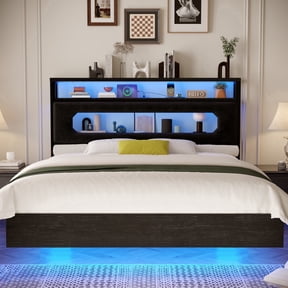 NHIXSOM Queen Floating Bed Frame with Storage LED Headboard, Usb Charging Station, Heavy-Gauge Metal Construction, Black