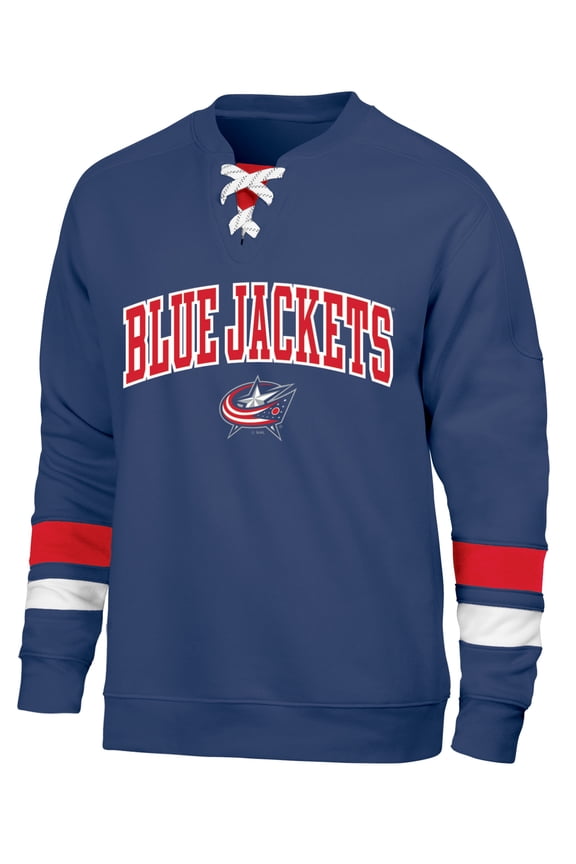 NHL COLUMBUS BLUEJACKETS Mens Primry Color Cotton Fleece Colorblocked Lace Up Pullover