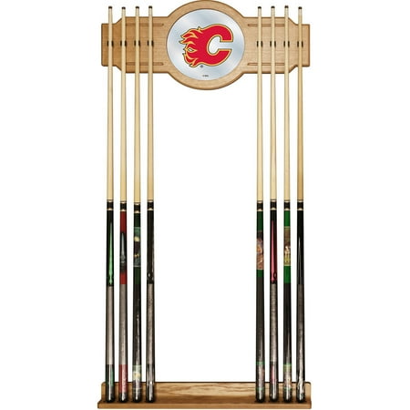 Calgary Flames NHL Stained Wood Cue Rack with Mirror - Red, Yellow, Black