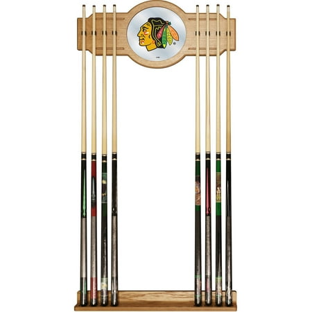 Chicago Blackhawks NHL Stained Wood Cue Rack with Mirror - Red, Black, White