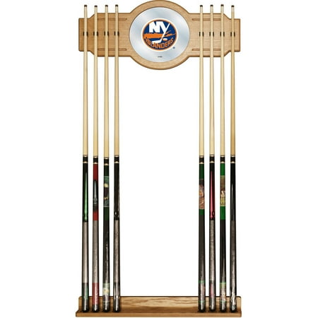 New York Islanders NHL Stained Wood Cue Rack with Mirror - Blue, Orange, White