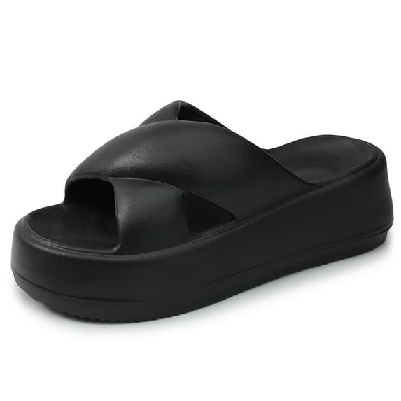 NHU Slip on Slides for Womens Shower Bathroom Slide Sandals Thick Sole Non-Slip House Slipper Slides Black Size 5-6