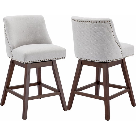 NHX Kitchen Swivel Barstools Set of 2, 26'' H Seat Height Counter Height Bar Stools Fabric Upholstered Wooden Leg (Beige)