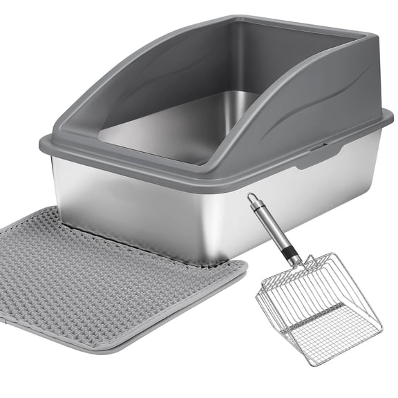 NIAIZEK Stainless Steel Cat Litter Box Set with Scoop, Dark Grey, High Sides for Easy Cleaning and