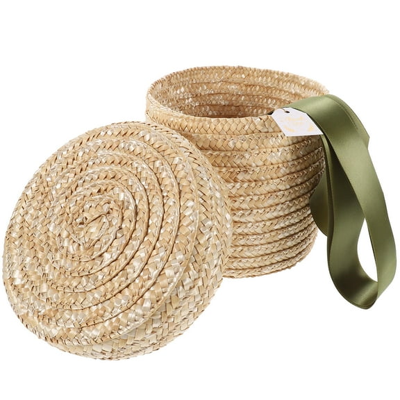 NIAIZEK 1Set Natural Straw Woven Storage Basket with Lid for Desktop Use