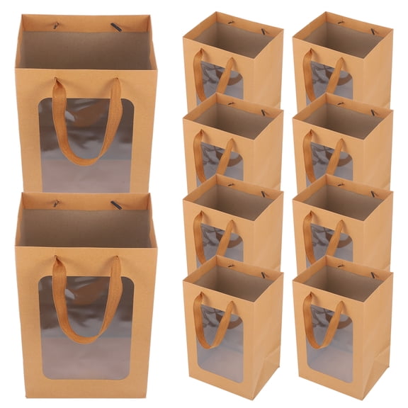 NIAIZEK 10Pcs Clear Handheld Bags with Window Brown Paper Tote Bags for Treats