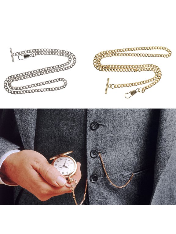 2-Pack Metal Pocket Watch Chains with T-Bar Clip, Waistcoat Vest Jeans Chain Accessory for Formal Outfit Decor Style