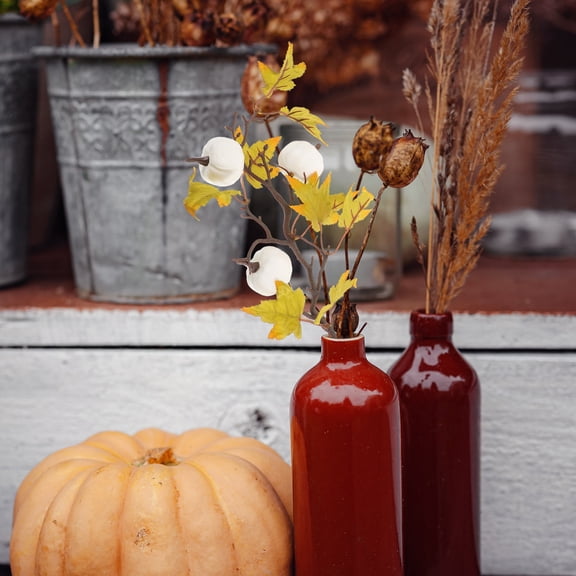 NIAIZEK 2Pcs Artificial Orange Pumpkin Branches with Realistic Maple Leaves for Fall Decor