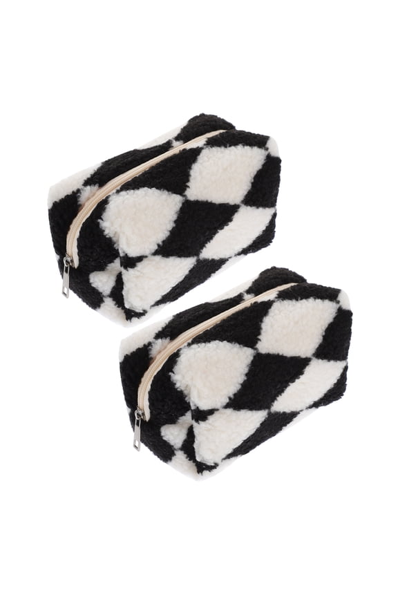 Black Checkered Makeup Pouch Set, 2 Pieces Stylish Bags for Toiletries and Cosmetics Storage