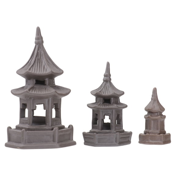 NIAIZEK Brown Ceramic Pavilion Set for Home Decoration, Realistic Landscape Craft, 3 Pieces Miniature Garden Decor