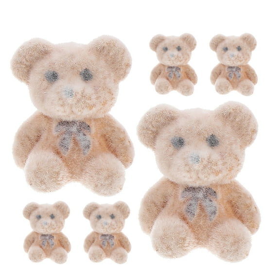 NIAIZEK 6Pcs Tiny Light Brown Flocked Bear Figurines DIY Decorative Charm for Events