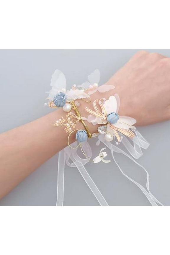 Sky Blue Floral Wrist Corsage Bracelet with Butterflies Elegant Wedding Bride and Bridesmaid Accessory