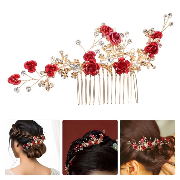 NIAIZEK Red Rose Flower Hair Comb for Women, Bridal Hair Accessory Set, Elegant Wedding and Special Occasion Hairpiece