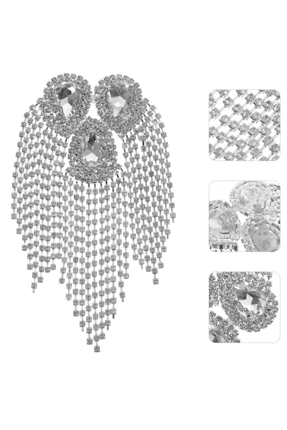 Decorative Tassel Epaulettes Shoulder Pads with Chain Crystal Water Drop Rhinestones, Large Alloy Patches for Clothing, Shoes, Handbag , 2pcs