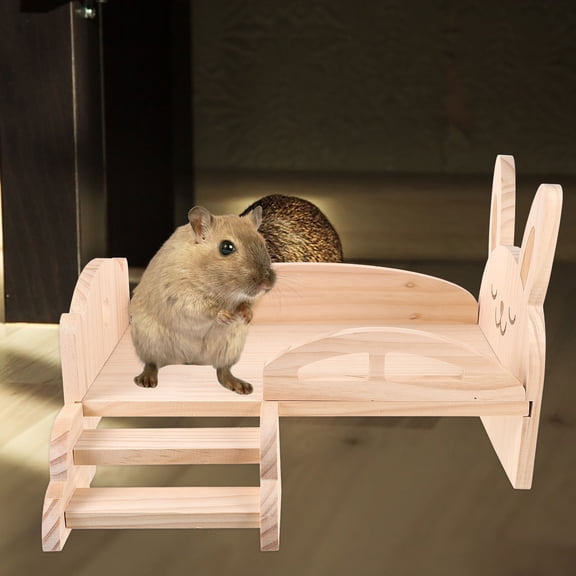 NIAIZEK Beige Wooden Hamster Platform Bed with Stairs for Small Pets Easy Assembly