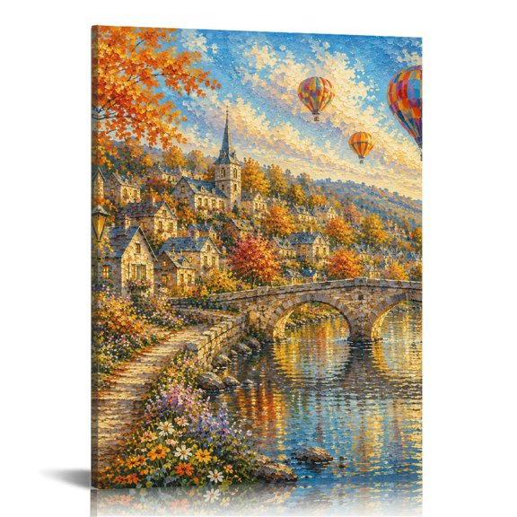 NIANHE Autumn Village Hot Air Balloon Landscape Wall Art, HD Print Canvas Wall Art, Wall Art Ready Hang Bedroom Dorm Living Room