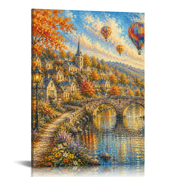 NIANHE Autumn Village Hot Air Balloon Landscape Wall Art, Vertical HD Print Framed Canvas Wall Art, Wall Art Ready Hang Bedroom Dorm Living Room