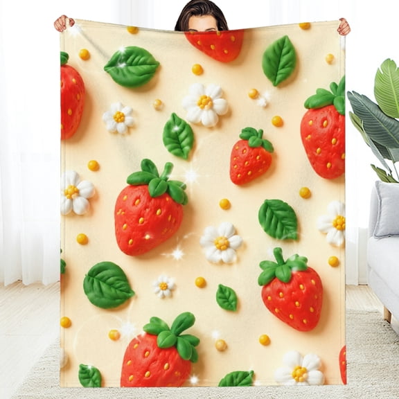 NIANHE Clay Strawberry Daisy Seamless Print Lightweight Durable Warm Cozy Throw Blanket, All-Season Comfort Reversible Soft Fluffy Flannel Blanket for Sofa Couch Bed,