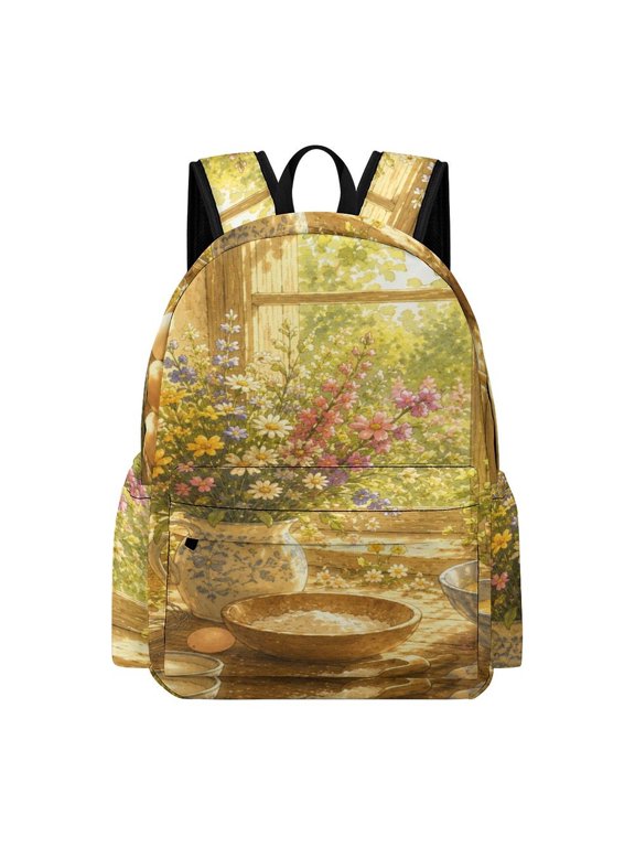 Country Baking Window Table Printed Oxford Backpack, Large Capacity Laptop Backpack, Water Resistant, Travel Daypack for College Work Commuting Adults,