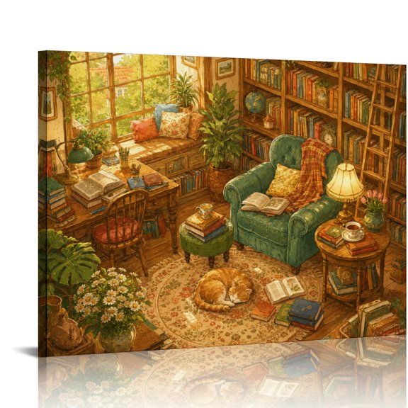 NIANHE Cozy Reading Room With Cat  Ready An Excellent Gift Choice, Wall Art,  HD Print Framed Canvas Wall Art Suitable For Living Room Bedroom Kitchen Classroom Studio Family