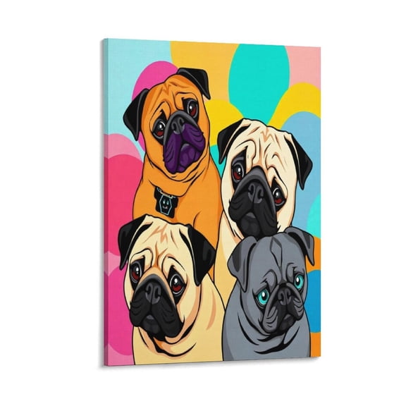 NIANHE  Four Pugs Treasure Wall Art, Vertical HD Print Framed Canvas Wall Art, Ready to Hang for Bedroom Dorm  Living Room, Decor for Adults And Family