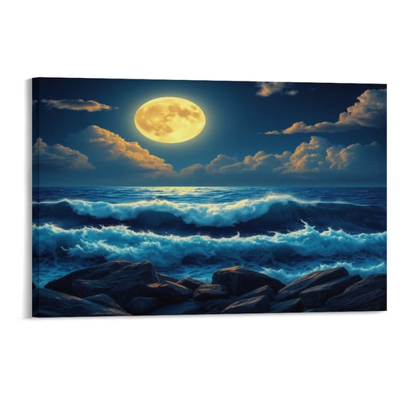NIANHE Full Moon Over Surging Waves and Rocky Shore Wall Art, Vertical HD Print Framed Canvas Wall Art, Ready to Hang for Bedroom Dorm Living Room, Decor for Adults And Family