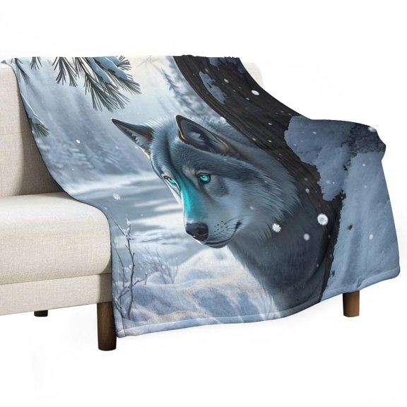 NIANHE Lone wolf in the snow blanket, comfortable and soft, warm casual blanket, printed design, winter sofa dormitory home decoration, must-have travel product. Size is 50x60 inches.