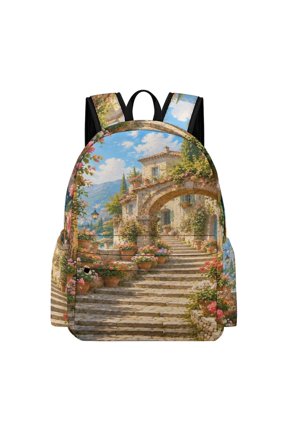 Mediterranean Floral Stone Alley View Printed Oxford Backpack, Large Capacity Laptop Backpack, Water Resistant, Travel Daypack for College Work Commuting Adults,