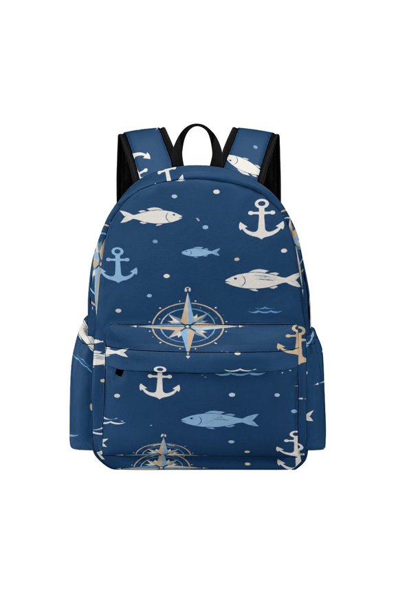 Nautical Anchor Compass Pattern Printed Oxford Backpack,  Large Capacity Laptop Backpack, Water Resistant, Travel Daypack for College Work Commuting Adults,